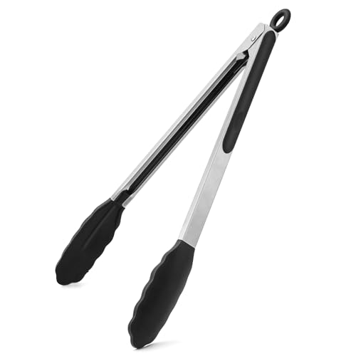 WISYOK Pinzas de Cocina 30cm, Pinzas Cocina con puntas de silicona y mango de acero inoxidable, Pinzas Barbacoa Resistente al Calor, Pinzas Silicona Freidora, Tenazas Cocina (Negro)