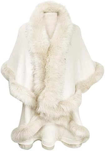 ZLYC Women Fine Knit Open Front Faux Fur Trim Layers Poncho Cape Cardigan Sweater (White)