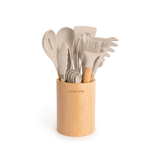 CREATE/Set de utensilios arena y madera / 11 utensilios, silicona y madera de haya, libres de BPA, resistente al calor hasta 230°C