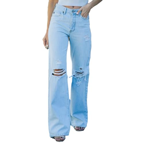 Women's Waisted Flared Jeans Ripped High Wide Leg Destroyed Denim Pants