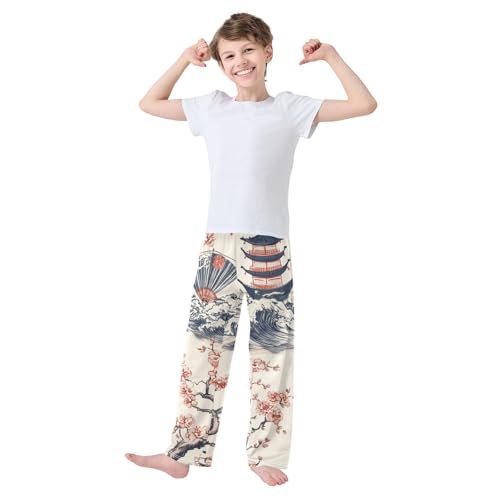Chinese Sun and Floral Boys Long Pants Soft Trousers Elastic Waist Kids Lounge Bottoms with Pockets S-XL3