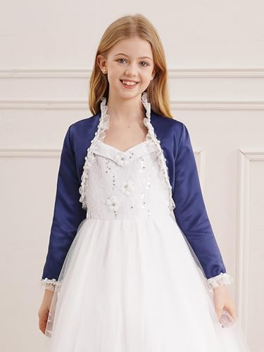 YiZYiF Kids Girls Long Sleeve Satin Bolero Shrug Ruffled Short Cardigan Flower Girl Dress Cover up2