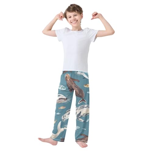ZZXXB Otter and Fishes Boys Long Pants Soft Trousers Elastic Waist Kids Lounge Bottoms with Pockets S-XL3