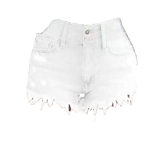 Women Casual High Waisted Denim Shorts Frayed Raw Hem Ripped Jeans Shorts Stretchy Hot Denim Shorts for Summer (Medium,White)