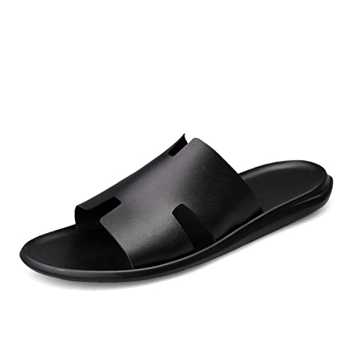Big Size Genuine Leather Men Sandals Cowhide Summer Sandals Quality Men Slippers Casual Outdoor Beach Shoes(Black,10)