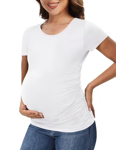 Fotociti Maternity Shirts for Women Short Sleeve Pregnancy Top Soft Stretch Crew Neck Side Ruched Maternity Tee Casual Work White