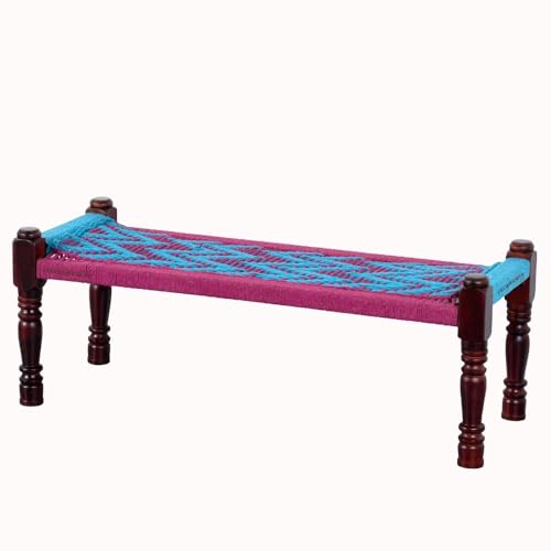 Image of Wooden Bench for Seating | Handcrafted Sheesham Wood Bench for Living Room, Balcony & Garden | Traditional Patio for Outdoor with Cotton Handwoven Rope | Pink and Light Blue
