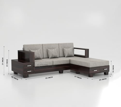 Image of Sheesham Wooden 4 Seater L- Shape Sofa for Living Room | Solid Wood Sofa with Side Box Storage & Cushion | Rosewood Sofa Set for Home & Office | Lounge (Walnut, 4 Seater)