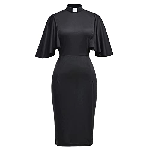 BPURB Catholic Church Women Ruffle Sleeve Pencil Dress Elegant Priest Clergy Dresses with Tab Insert Collar