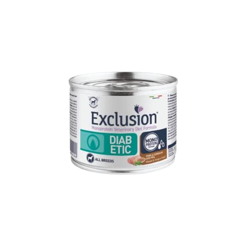 Exclusion Diabetic umido cane small, alimento dietetico per cani di taglia piccola con diabete mellito gusto MAIALE,SORGO e PISELLI | 6 scatolette da 200 grammi l'una.