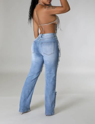 KELYWELL Womens Rhinestone Cut Out Jeans Straight Leg High Waisted Ripped Pearl Beaded Jeans Chain Boyfried Denim Pants4