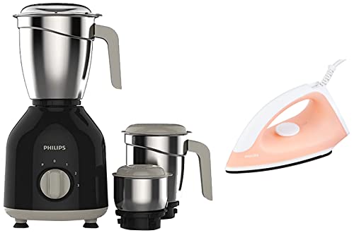 Philips HL7756/00 Mixer Grinder, 750W, 3 Jars (Black) & Classic GC097/50 750-Watt Dry Iron (Peach)