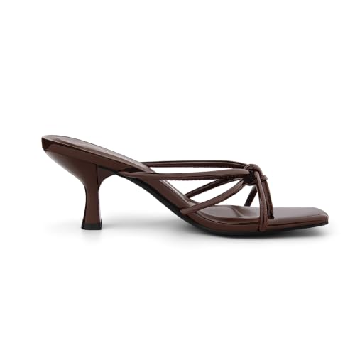 Image of Women's Strappy Kitten Heel Thong Sandals Square Toe Mules | Comfortable Slip-On Thong Mule Sandals Featuring a Cushioned Footbed, Open Toe, and Kitten Heel for Effortless Style.