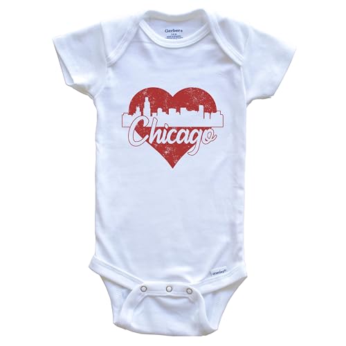 Retro Chicago Illinois Skyline Red Heart One Piece Baby Bodysuit