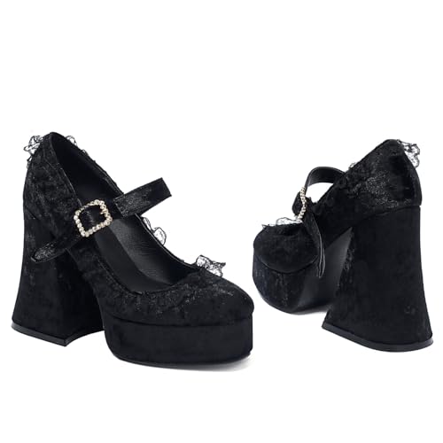 LUXMAX Women's Goth Lolita Shoes Platform Mary Janes Chunky Heel Pumps Lace Flower Gothic Heels Cosplay Shoes2
