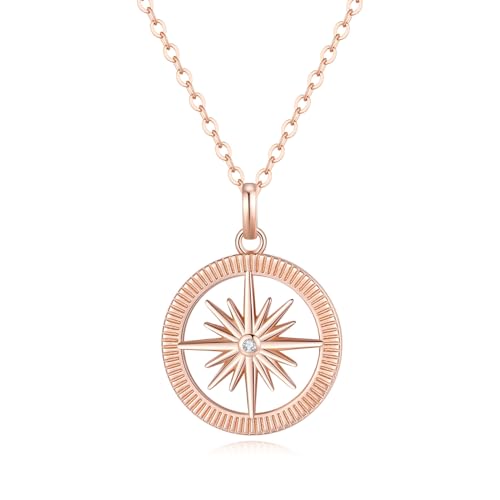 GAVU Collar Oro Rosado Mujer en Plata 925 Chapado en Oro Colgante Brújula, Collar Rosa de los Vientos Cadena Oro Rosa Mujer