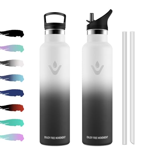 Trinkflasche Edelstahl 1L, Thermoskanne mit Strohhalm, Kohlensäure Geeignet, BPA-Frei, Vakuum Isolierte Thermosflasche, Isolierflasche Auslaufsichere für Laufen, Fahrrad, Schule, Camping, Picknick