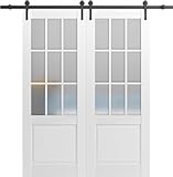SARTODOORS Sturdy Double Barn Door with Frosted Glass 9 Lites | Felicia 3309 Matte White | 13FT Rail Hangers Heavy Set | Solid Panel Interior Doors-60' x 80' (2 * 30x80)-Frosted Glass-Black Rail