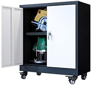 Metal Garage Storage Cabinet with Wheels,Adjustable Shelves with Doors and Lock,Sturdy and Durable Heavy Duty Utility Storage Cabinet for Office/Garage/Kitchen/Pantry Organizer Storage Cabinet/White