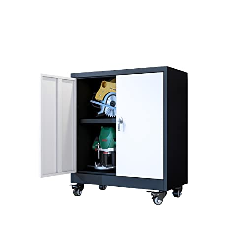 Metal Garage Storage Cabinet With Wheels,Adjustable Shelves With Doors And Lock,Sturdy And Durable Heavy Duty Utility Storage Cabinet For Office/Garage/Kitchen/Pantry Organizer Storage Cabinet/White #TOP16