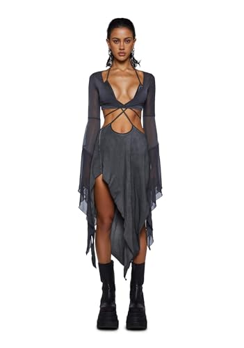 Dolls Kill Echo Asymmetrical Mesh Wrap Dress by Darker WAVS, Dark Gray, Large : Clothing, Shoes & Jewelry