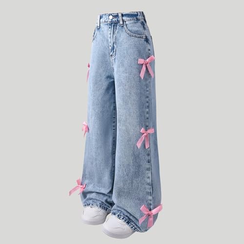 Girls Bow Jeans Wide Leg Baggy Denim Pants High Waisted Trousers Casual Cute Y2K Streetwear with Pockets 6-14 Y4