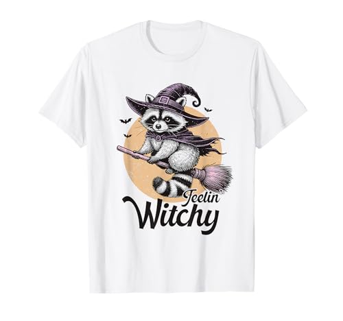 Feelin' Witchy Raccoon - Camisa de Halloween linda y espeluznante vintage Camiseta