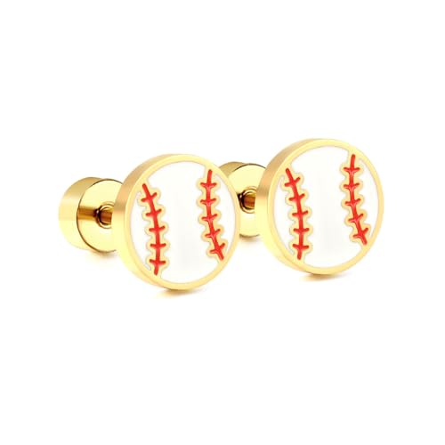 20g Baseball Gold Plated Flat Screw Back Small Stud Earrings for Men Women Minimalist Cute Surgical Steel Enamel Sports Fan Lover Cartilage Piercing Sleeper Tiny Mini Studs Hypoallergenic Birthday Gift for Bff Christmas