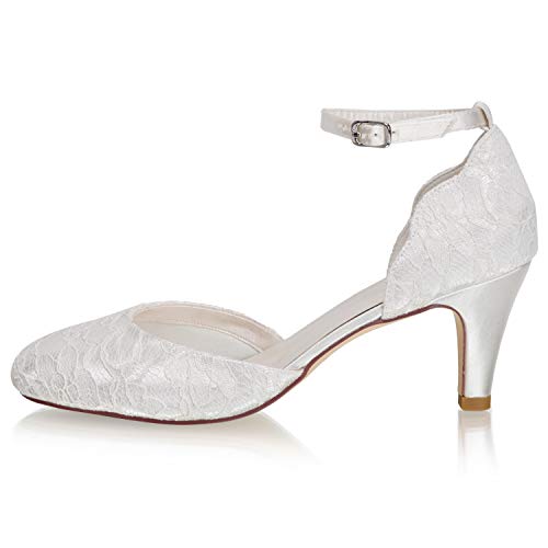 JIAJIA 62373 Women's Memory Foam Bridal Shoes Closed Toe 2.6'' Stiletto Mid Heel Lace Satin Pumps Wedding Shoes4