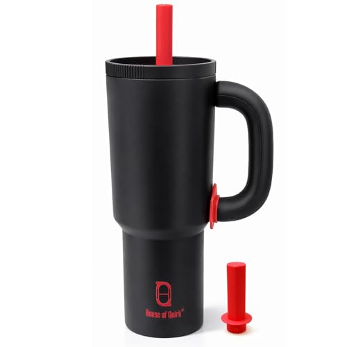 Image of House of Quirk 1200ml Stainless Steel Tumbler with Handle, Straw & Straw Cap | Leakproof Water Bottle | Large Capacity Travel Mug (Black)