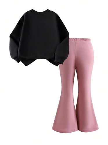 Image of Girls 2 Piece Outfits Long Sleeve Crew Neck Bow Sweatshirt Top and Flare Pants Set