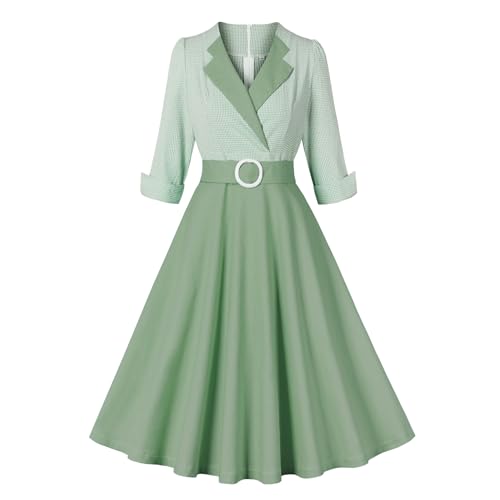 Wellwits Women's 3/4 Sleeves Plaid Print Vintage Formal Work Dress