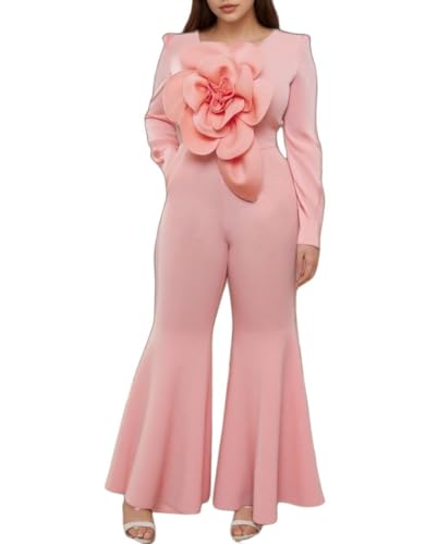 ONTINVA Jumpsuits for Women Petal Decorated Long Sleeve Flared Pants Bell Bottoms Party Club One Piece Jumpsuit Romper