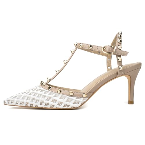 Image of XINIUNIU Studded Heels for Women Kitten Heels with Studs Stiletto Sandals with Rivet Ankle Strap Patent Leather Pointy Toe 2.5 Inch Party Daily Wear Evening Sandals