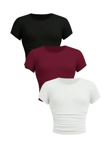 Image of SOLY HUX Girl's Basic Crop Top Set Crew Neck Short Sleeve T-Shirts 3 Packs Casual Summer Fitted Tees