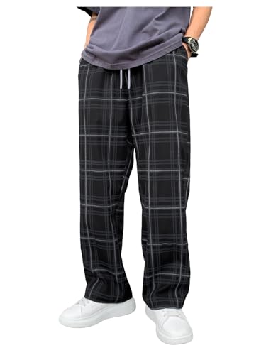 GORGLITTER Men's Plaid Baggy Pants Elastic Waist Striped Wide Leg Sweatpants Checkered Casual Workout Trousers