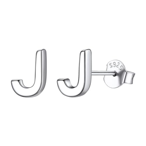 ChicSilver Small Initial Necklace/Earrings 925 Sterling Silver Dainty Personalized A-Z Letter Pendant Necklace/Stud Earrings Gift for Women Girls, Silver/Gold (with Gift Box)