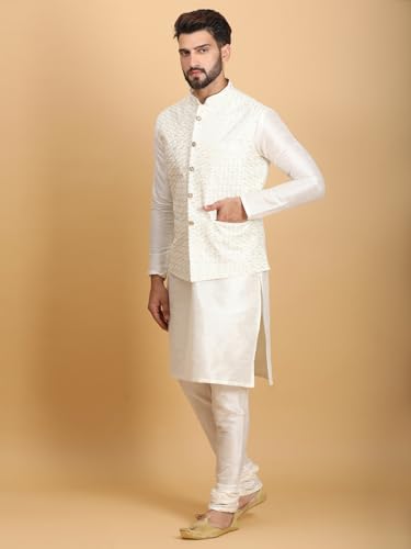 Image of Ethluxis Men Silk Blend Kurta Jacket Set with Mandarin Collar