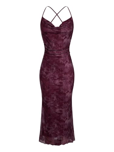Image of SOLY HUX Women's Floral Mesh Bodycon Cami Dress Cowl Neck Sleeveless Cocktail Party Wedding Guest Long Maxi Dresses