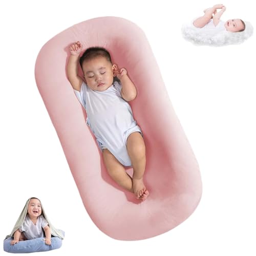 Image of Lucakuins Baby Lounger, Bionic Design, Newborn to 24 Months, Soft Organic Cotton, Breathable, Pink, Portable, 19x4x4 inches