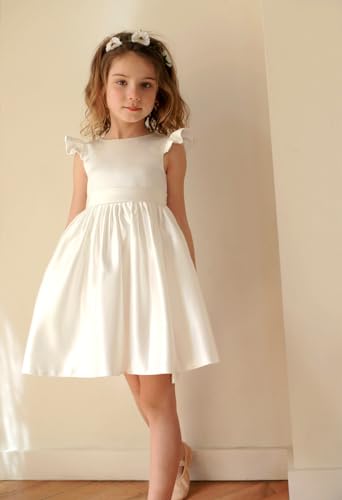 M_RAC Flower Girls Dresses Short Wedding Party First Communion Dress for Girls Satin Pearls FL0344