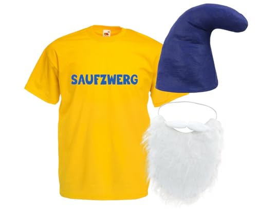 PartyMagix Saufzwerg Kostüm Set Bart Mütze JGA Party Bier Sauf Verkleidung - Rundhals, 100% Baumwolle - Das trinkfeste Kostüm