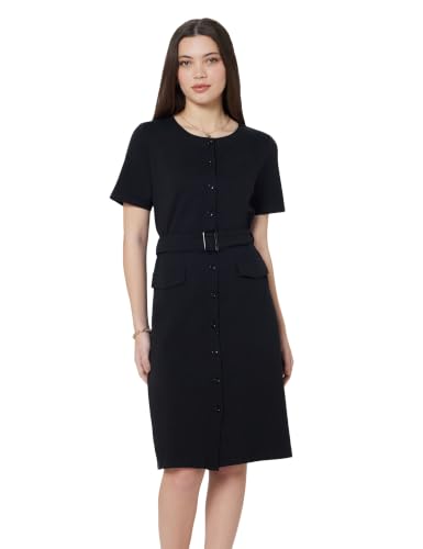 Image of Amazon Brand - Symbol Women's Cotton Blend Seersucker Knit Button-Down Dress | Belted Waist, Short Sleeve, Knee Length (Available in Plus Sizes)