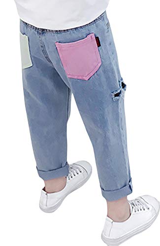 Girls Ripped Hole Elastic Waist Jeans Distressed Denim Pants4