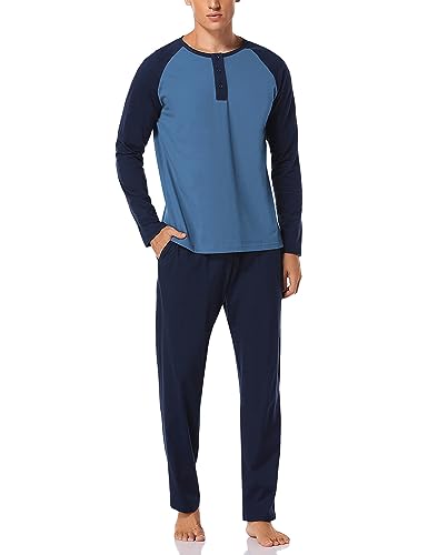 Migcaput Pijama Hombre con Camiseta Manga Larga y Pantalón, Invierno Conjunto de Pijama de algodón para Hombre | Cintura elástica y cordón