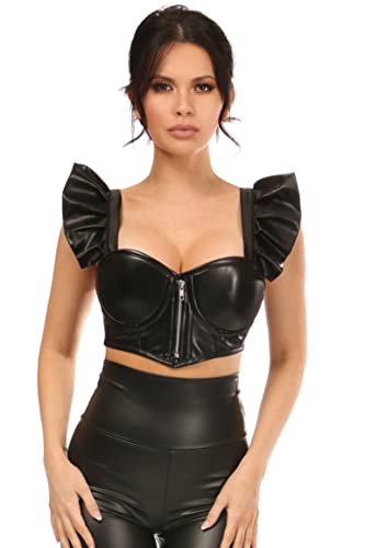 Daisy corsets Top feminino de couro sintético preto luxuoso com aro e mangas removíveis com babados,