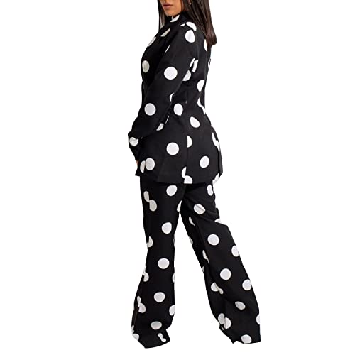 Women's Suiting 2 Piece Polka Dot Blazers Business Casual V-Neck Long Sleeve Blazer Jacket and Wide Leg Pants Set3