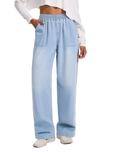 Wide Leg Jeans Woman High Waisted Pull On Baggy Jeans Casual Denim Pants with Pockets