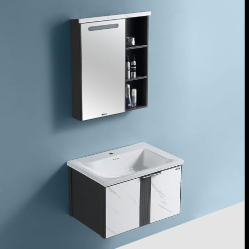Image of Plantex Bathroom Vanity Cabinet Set /LED Light Glass Mirror Cabinet /Ceramic Basin for Bathroom - Pack of 1 (White & Black)