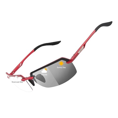 Image of BIRCEN Mens Metal Photochromic Sunglasses: UV Protection Al-Mg Sun Glasses Ultra-light Rimless Shades for Driving Cycling